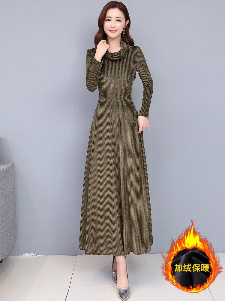 金丝绒连衣裙秋冬女贵夫人高端洋气高贵加绒加厚过膝丝绒长裙冬裙