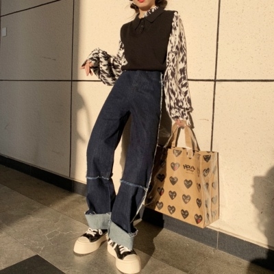 155小个子穿搭显瘦显高腰牛仔裤女早秋设计感小众阔腿乞丐裤长裤