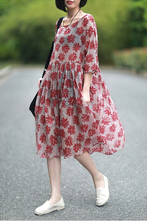 丝麻连衣裙印花