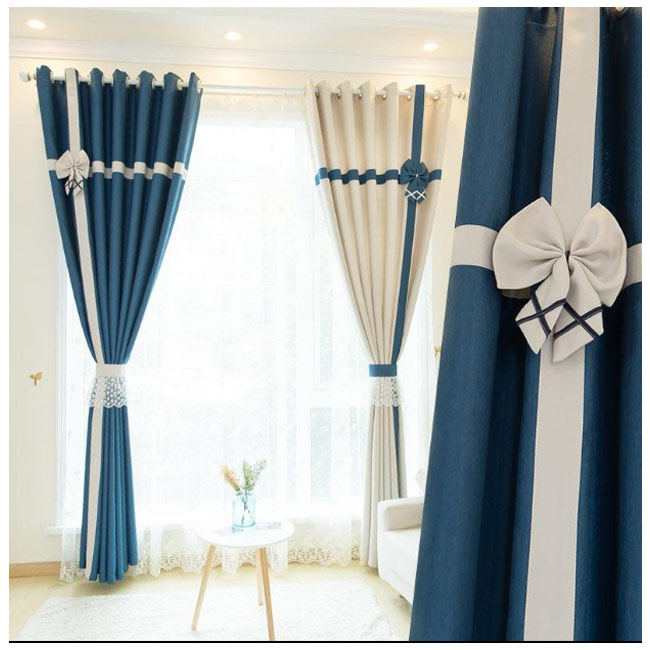 色北欧风格棉麻拼接窗帘客厅卧室飘窗遮光成品窗帘布窗纱