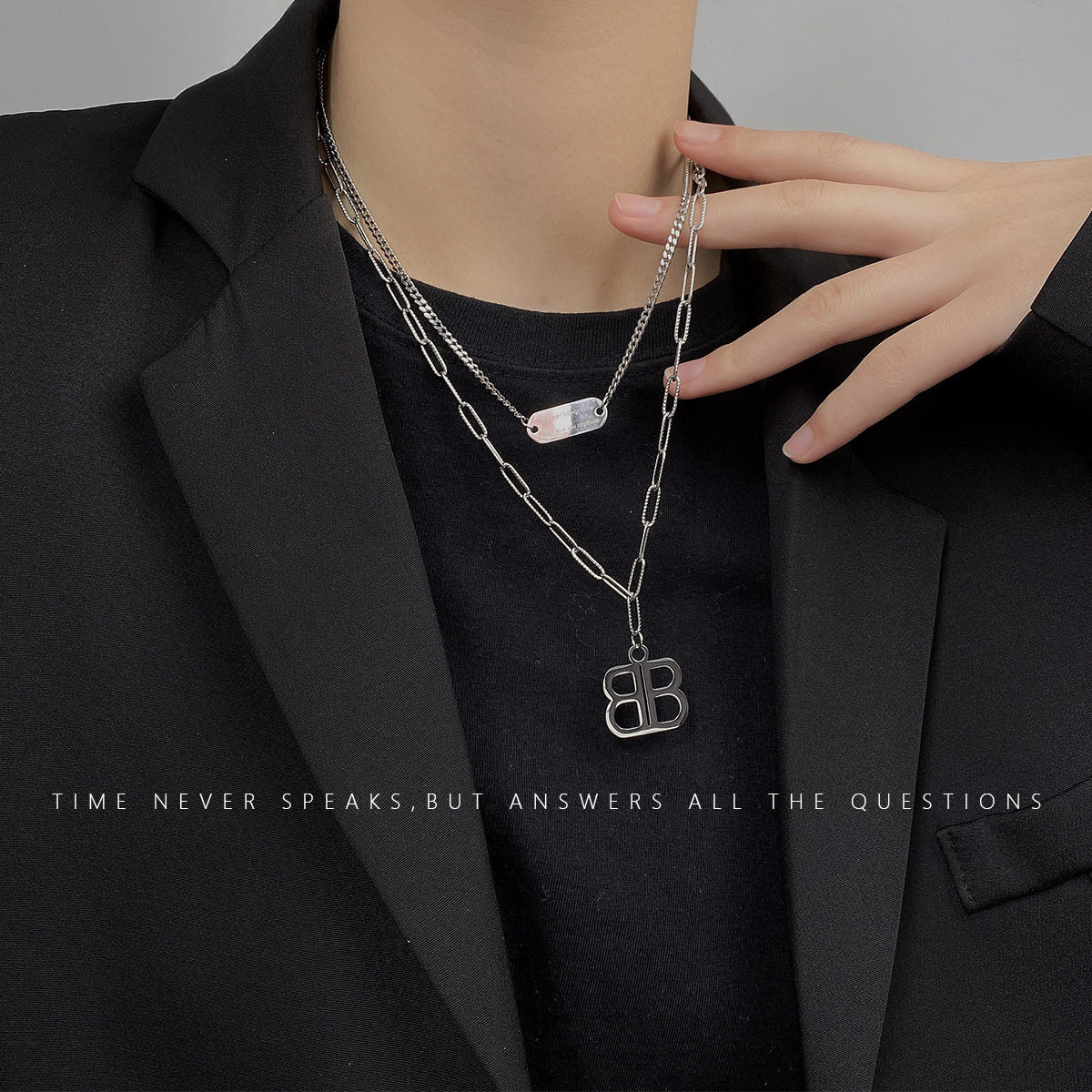欧美ins个性钛钢潮牌项链男女嘻哈字母双b吊坠长款双层叠戴锁骨链