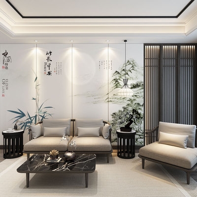 硬包电视背景墙新中式山水花鸟2019简约床头软包壁画客厅沙发卧室