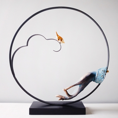 新中式样板房软装饰品摆设玄关别墅端景台案几隔断铁艺禅意摆件