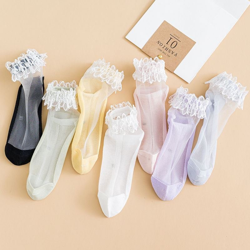 女童袜子夏季薄款儿童蕾丝花边公主冰丝短袜玻璃丝水晶袜春秋船袜