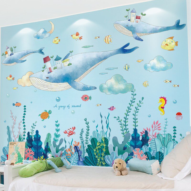 海洋风卡通墙贴纸儿童房间幼儿园教室主题背景墙面装饰画玻璃窗贴