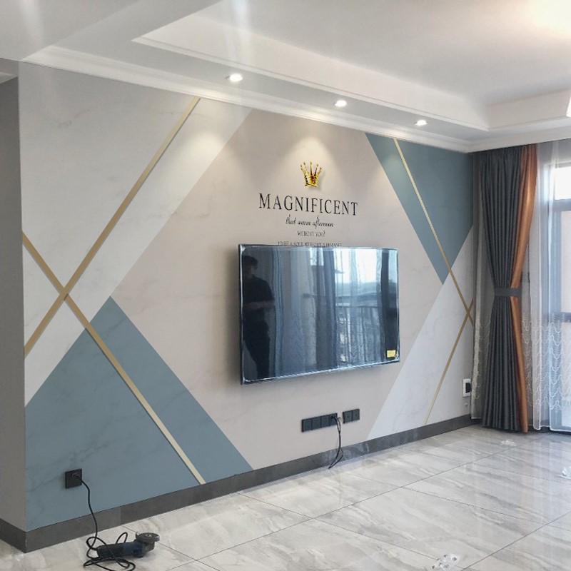 背景墙 电视机_壁布轻奢风格电视机背景墙壁纸装饰客厅北欧几何线条