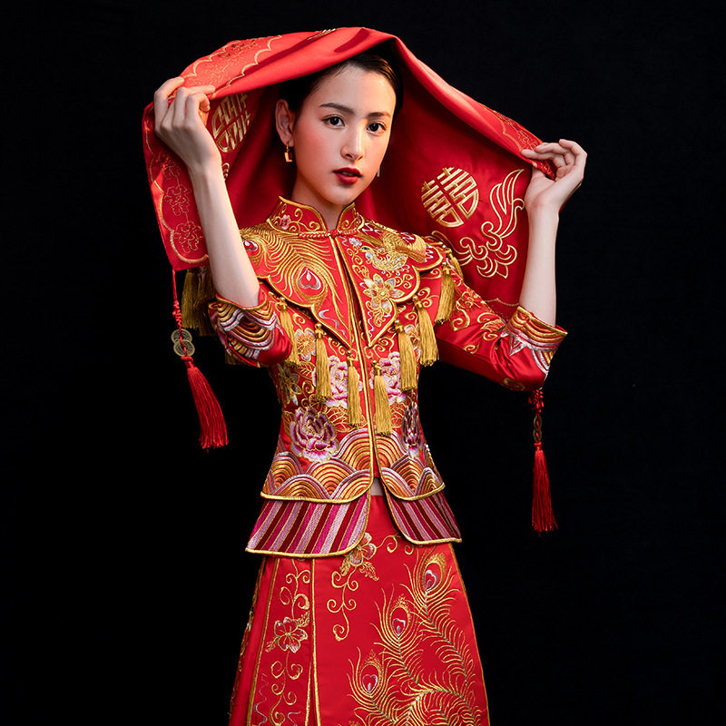 红盖头结婚中式红盖头秀禾服盖头绣花喜帕刺绣红盖头古装头巾—婚纱