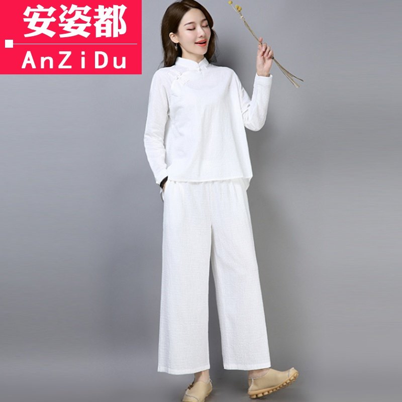 汉服改良茶艺服装女秋季中国风盘扣棉麻唐装复古文艺禅意居士服女
