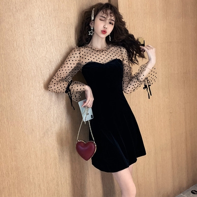 秋装性感a字丝绒裙子透视网纱波点灯笼袖法式小众连衣裙修身显瘦