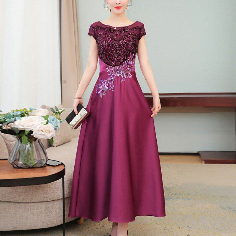 真丝婚礼妈妈礼服女夏季高端早秋年轻喜婆婆婚宴装连衣裙高贵气质