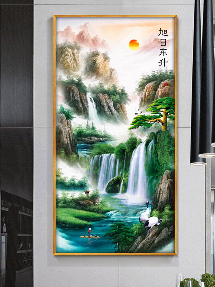 新中式山水风景画装饰画流水生财壁画入户玄关进门风水挂画竖版