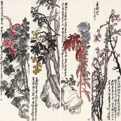 吴昌硕春夏秋冬四条屏国画花鸟写意艺术微喷宣纸复制画中式装饰画