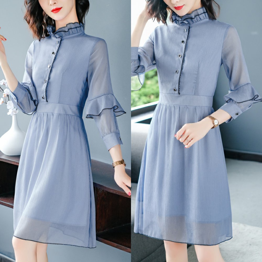 蓝色九分袖雪纺连衣裙女中长款2021新款春季时尚