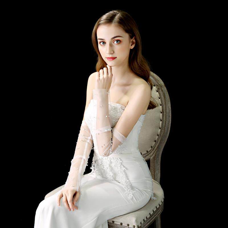 新娘婚纱手套结婚长款白色珍珠网纱蕾丝2021新款大码女复古遮手臂