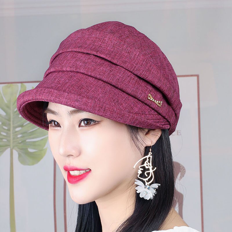 女韩版春秋天休闲贝雷帽圆顶薄款显脸小宽沿翻边鸭舌帽妈妈布帽—帽子