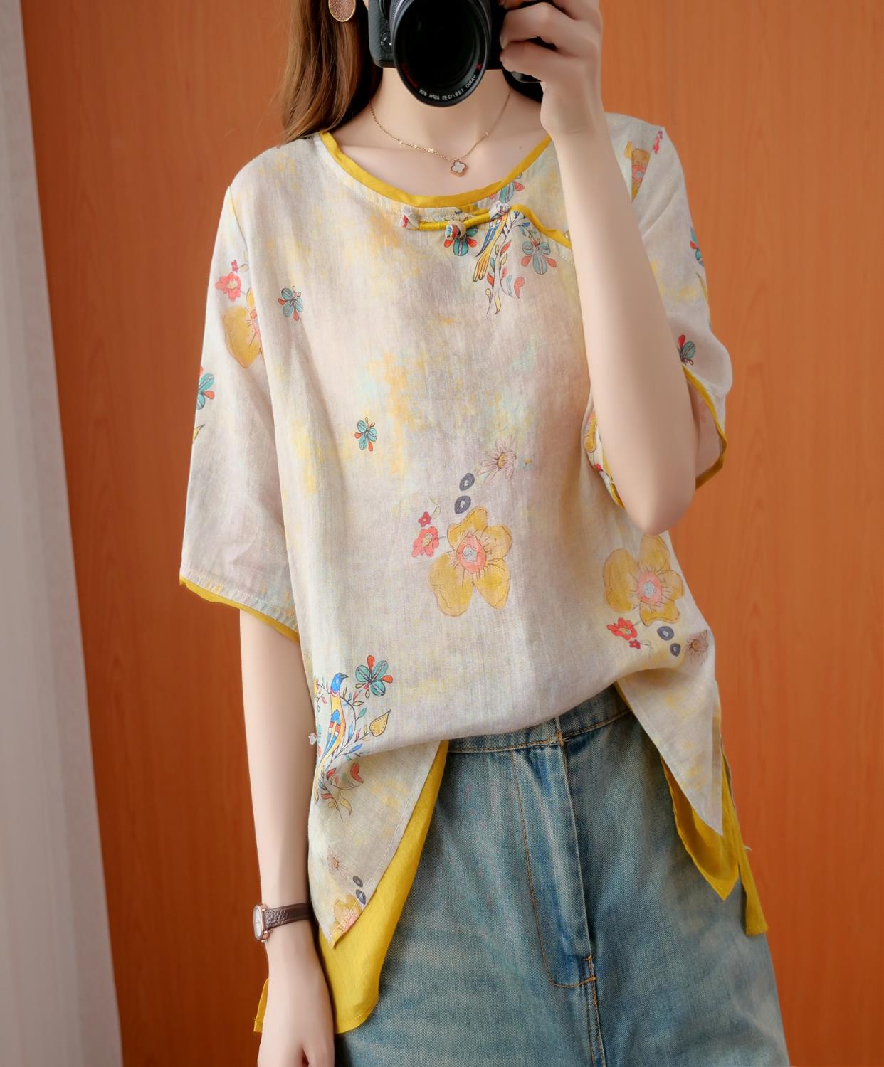 民族风棉麻上衣女2021新款夏装宽松显瘦短袖麻衫盘扣复古苎麻女装