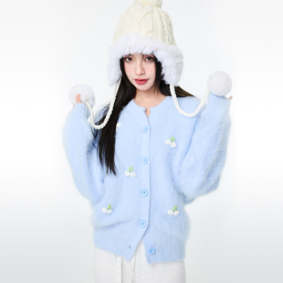 CLOUDSEASON设计感兔毛水果蓝色毛衣针织开衫女冬宽松毛衣外套