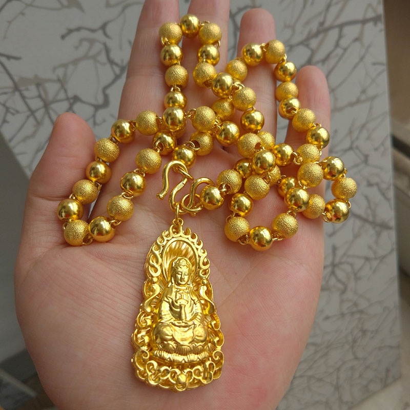 一折观音吊坠男士黄金_男士金吊坠纯金包银观音牌子金菩萨吊坠圆珠
