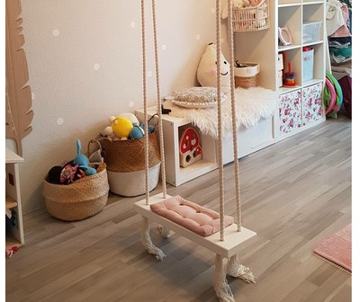 ins风室内秋千吊椅儿童房间装饰实木板棉绳玩具家用吊顶悬挂秋千