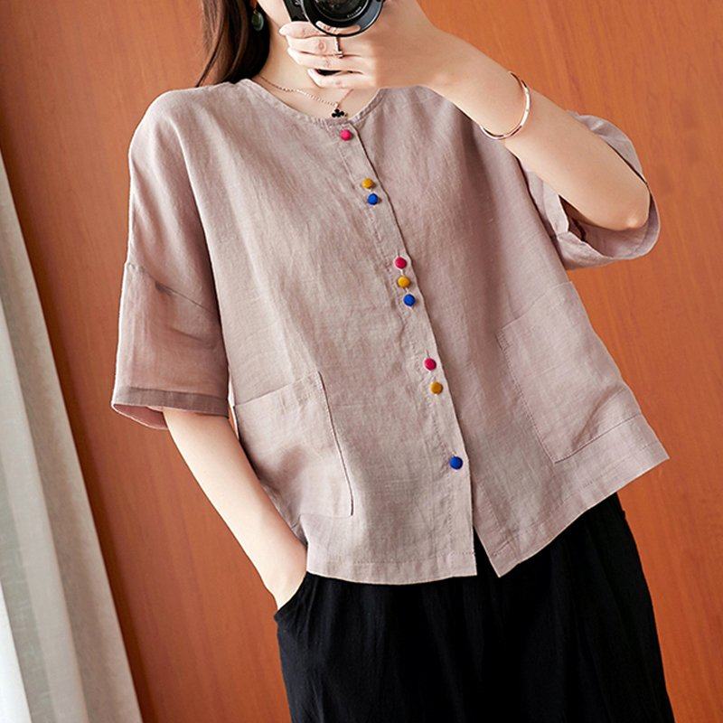 亚麻苎麻色衬衫夏季2021新款短袖小衫棉麻上衣女纯宽松显瘦t恤女