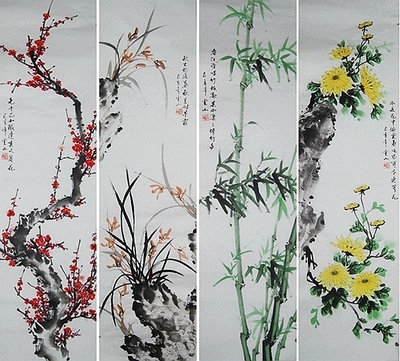 特价纯手绘四条屏国画花鸟四君子水墨梅兰竹菊客厅办公室装饰字画