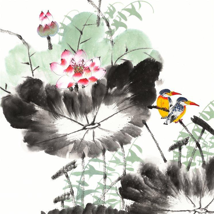 销售尺寸作品装裱荷花花鸟精品国画斗方四尺国画