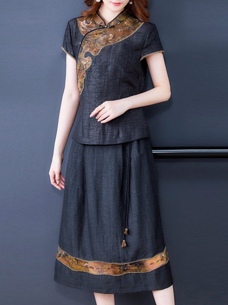 贵夫人香云纱真丝套装女新款中年妈妈复古绣花上衣桑蚕丝两件套夏