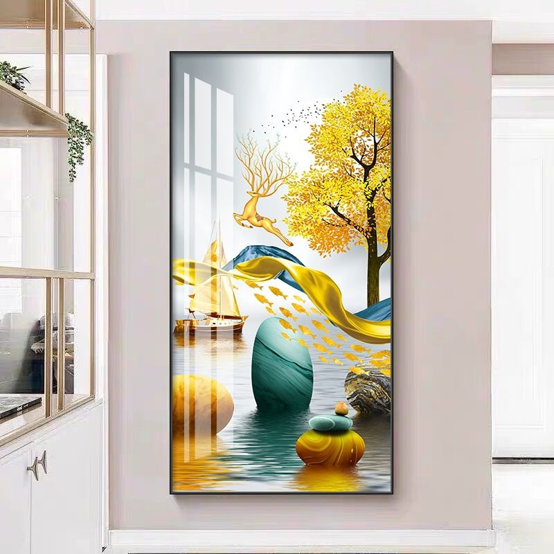 玄关画竖版福禄装饰画现代简约走廊过道进门背景t墙招财壁画晶瓷