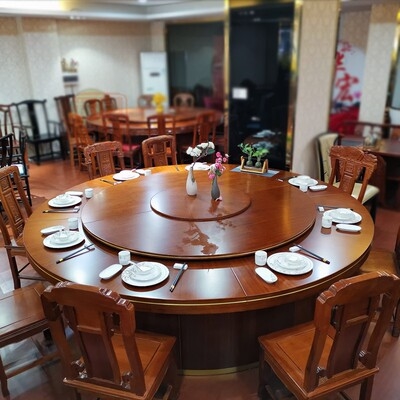 新中式饭店25包厢20人30电动餐桌仿古实木转盘自动旋转大圆桌酒店