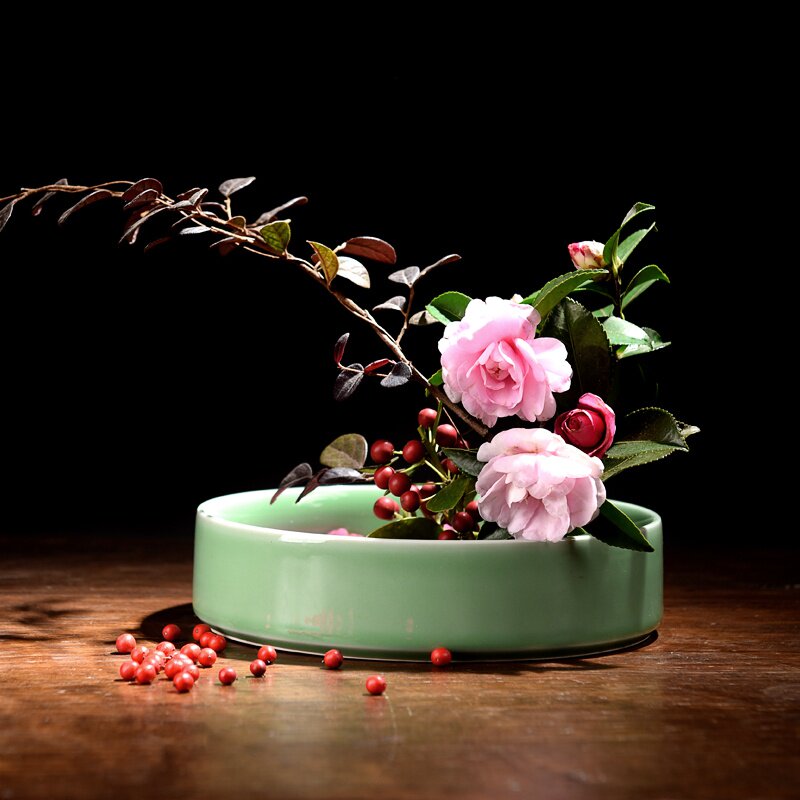 新中式陶瓷花器小原流插花道禅意创意日式剑山插花盘简约艺术花盆
