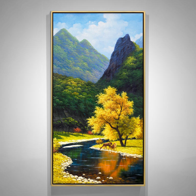 手绘油画美式玄关入户大幅山水l风景装饰画欧式客厅竖版轻奢画挂
