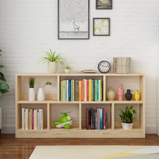 高档实木书架简易儿童落地柜书柜组合绘本柜松木矮柜置t物架蒙氏