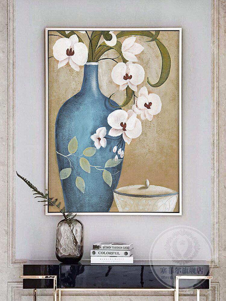 手绘油画欧式美式g客厅餐厅壁画新中式竖玄关装饰画挂画花卉蝴蝶
