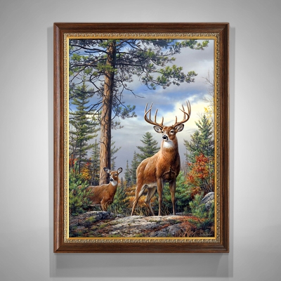 手绘油画欧式玄关装饰画美式客厅竖版k挂画别墅风景动物招财鹿壁