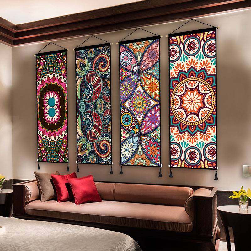 中式客厅背景布艺挂画装饰画民族风花纹挂布民宿墙壁走廊壁画