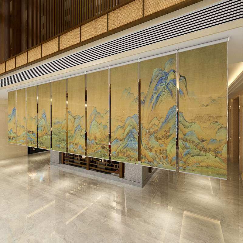 新中式玄关帘软隔断时尚酒店餐厅茶室升降半透窗帘卷帘千里江山