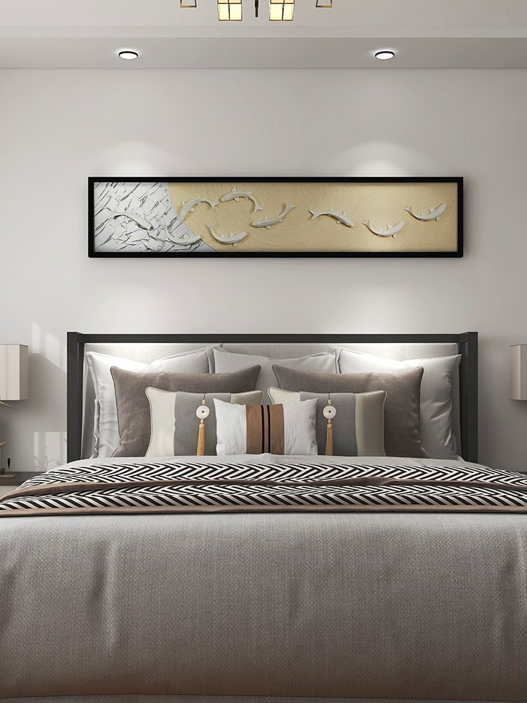 新中式卧室床头装饰画3d立体实物电镀陶瓷九鱼轻奢风挂画禅意书房