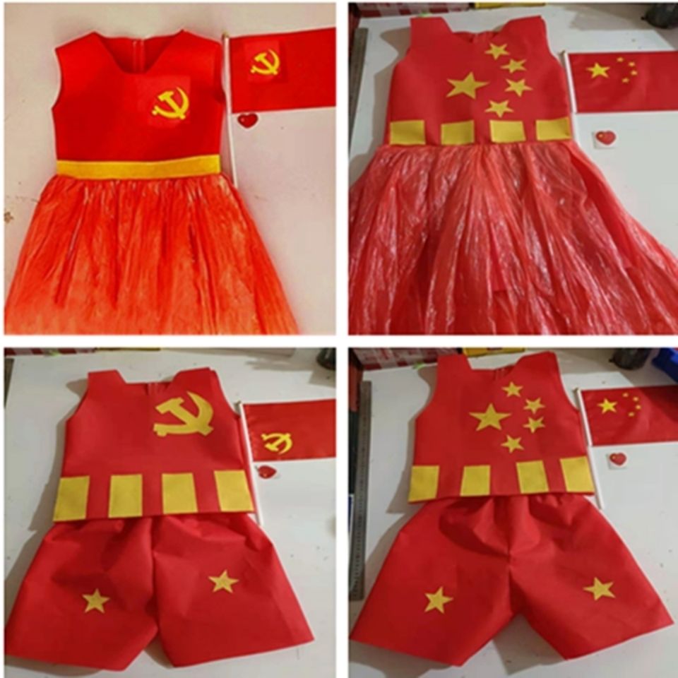 环保时装秀男童幼儿园儿童废物利用服装秀爱国男孩女孩成品中国风