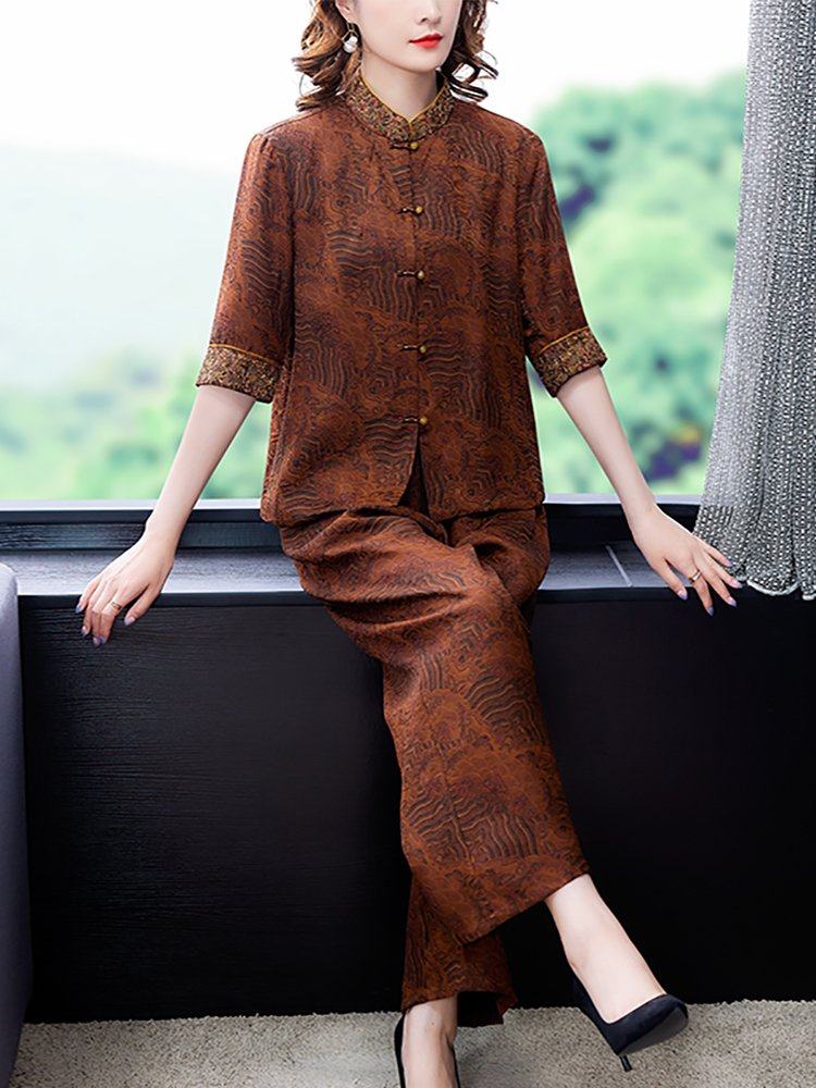 阔太太香云纱阔腿裤套装夏季中老年女装妈妈洋气桑蚕丝真丝两件套