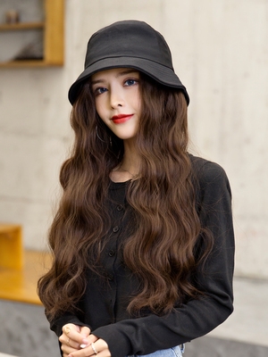 渔夫帽子带假发一体女秋冬款长发长卷发水波纹网红时尚自然全头套