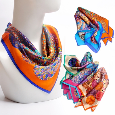 真丝女士小方巾春夏季空调间薄款围脖百搭丝巾中年青年老年围巾花