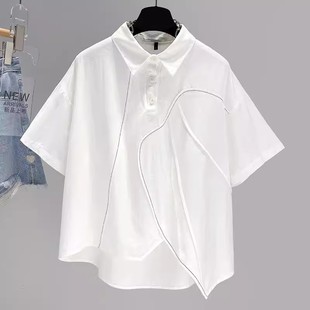 白色不规则短袖衬衫女夏季新款宽松显瘦设计感小众衬衣短款上衣潮
