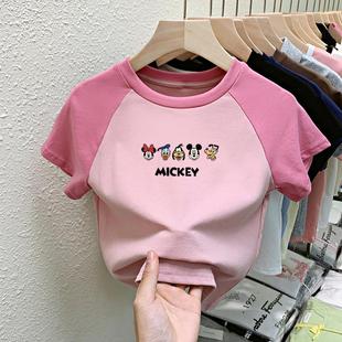 夏装2024新款女童短袖t恤儿童短款洋气时髦半袖拼色韩版大童上衣