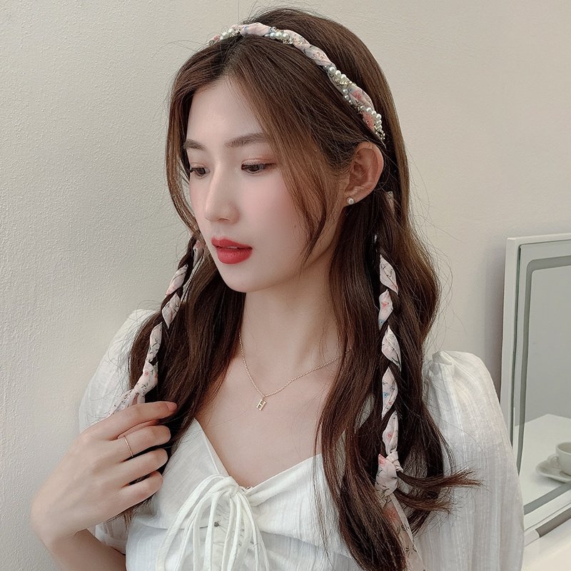 女生发带w飘带碎花珍珠发箍夏季简约头绳2021年新款扎马尾精致日