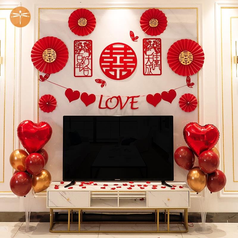 结婚电视背景墙装饰墙壁男方家新郎娘拉花套装拉花装饰家居客厅