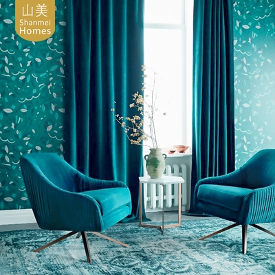 加厚绒布2020年新款流行客厅高档大气深蓝色孔雀蓝美式蓝色窗帘