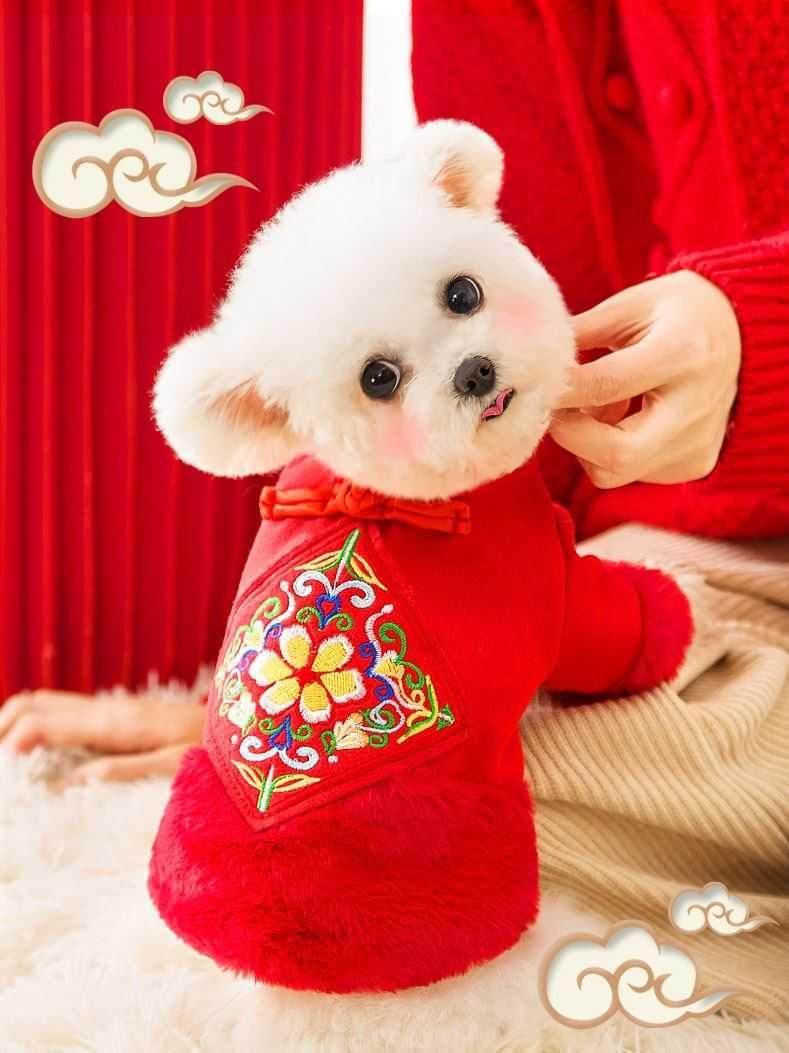 一折狗狗过年喜庆衣服泰迪新年红_2021小狗过年衣服红色中国风好看的