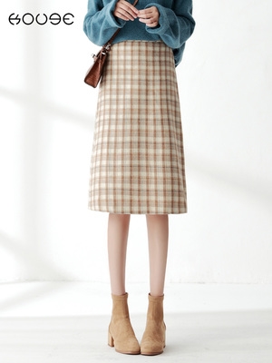 格子毛呢半身裙秋冬女方格裙子高腰a字裙包臀裙中长款冬天配毛衣