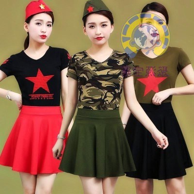 新款冬冬水兵舞t恤女广场舞上衣服装v领短袖2017套装迷彩服演出.