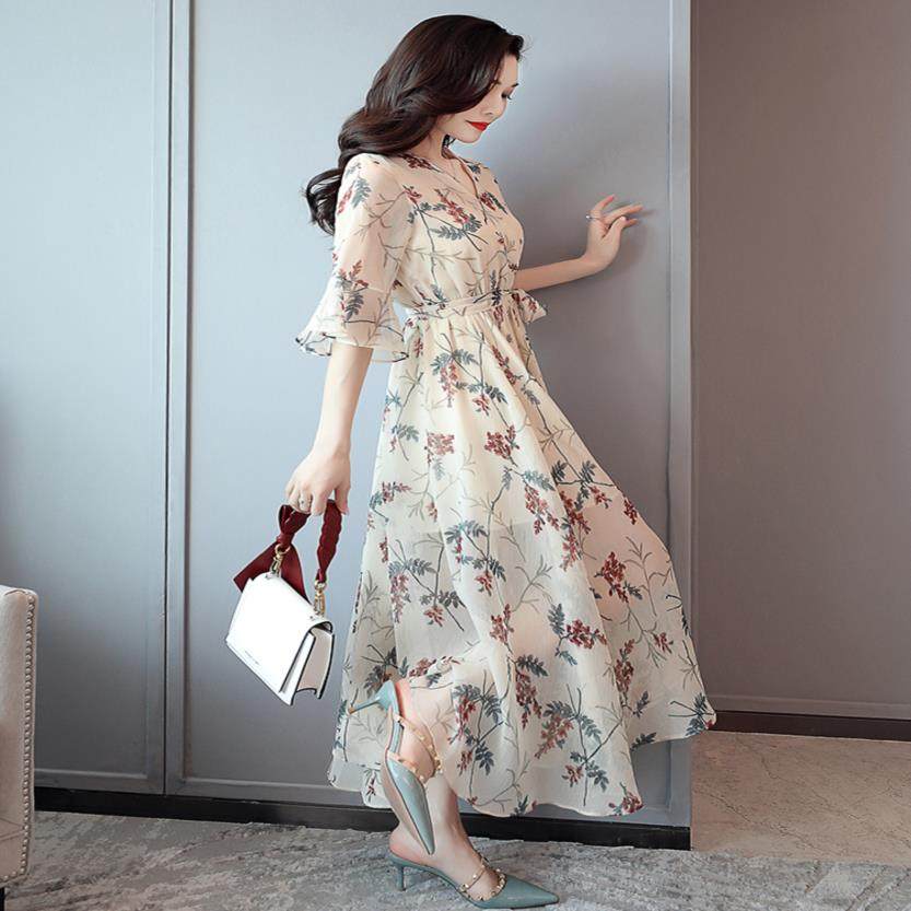气质衣裙连衣温柔女裙收腰显瘦碎花夏天风雪纺长裙夏季裙子2021连